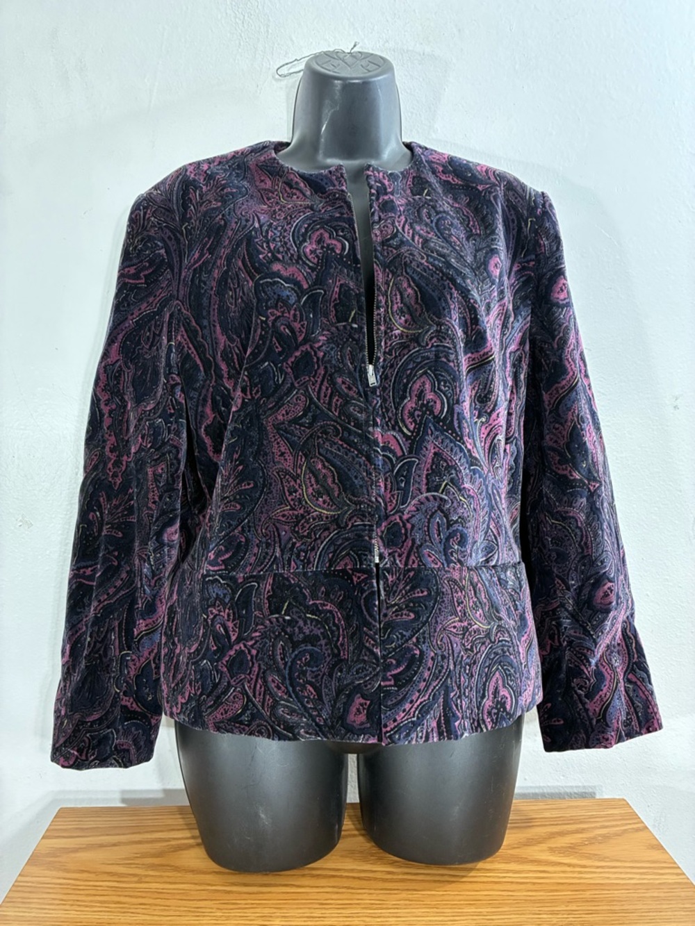 Jones New York Paisley Velvet Zip-Front Jacket purple and black